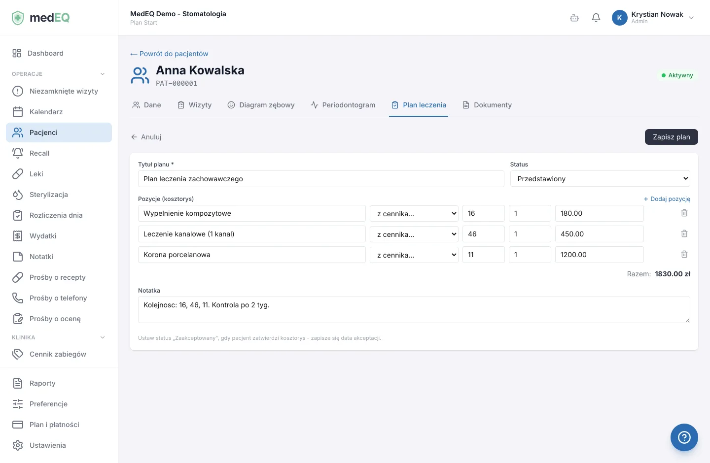 Plan leczenia (kosztorys) - pozycje z cenami z cennika, automatyczna suma i akceptacja pacjenta.
