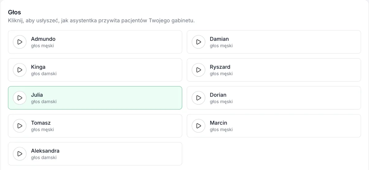 Wybór głosu AI Sekretarki w ustawieniach MedEQ
