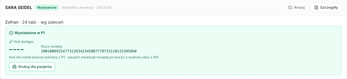 E-recepta wystawiona w P1 z kluczem recepty i wydrukiem dla pacjenta w MedEQ