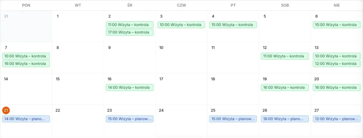 Kalendarz gabinetu z wizytami zarezerwowanymi online w MedEQ